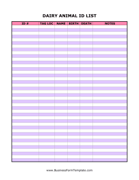 Dairy Animal ID List