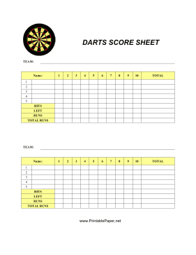 Printable Darts Score Sheet