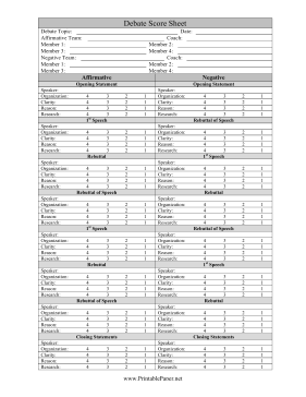 Printable Debate Score Sheet