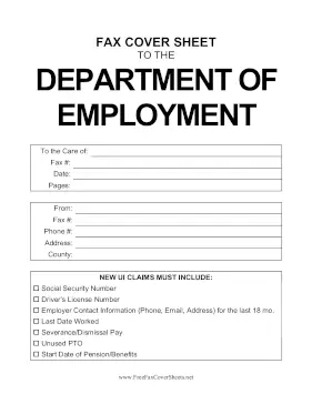 Department of Employment New Claim fax cover sheet