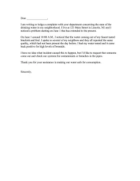 Drinking Water Complaint Letter