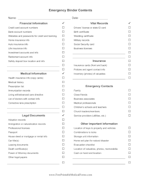 Emergency Binder Contents List