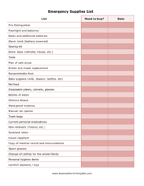 Emergency Supplies List