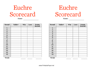 Printable Euchre Scorecard