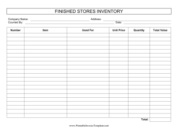 Finished Stores Inventory Template