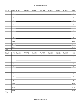 Printable Five Crowns Score Sheet