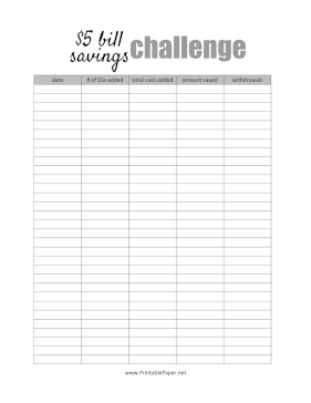 Printable Five Dollar Bill Savings Challenge