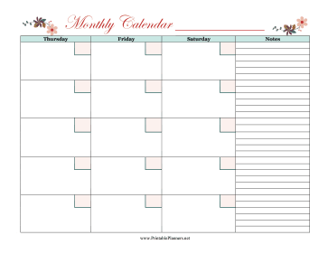 Floral Monthly Calendar Thurs-Sat