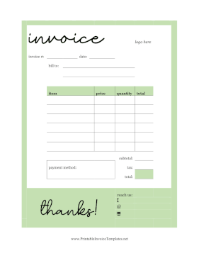 Green Border Blank Invoice Template Template