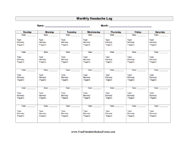 Monthly Headache Log