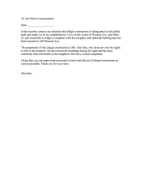 Illegal Construction Complaint Letter