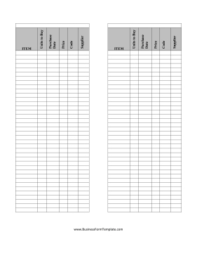 Inventory Cards Spreadsheet — Black And White