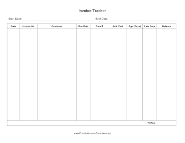 Invoice Tracker Landscape Unlined Template