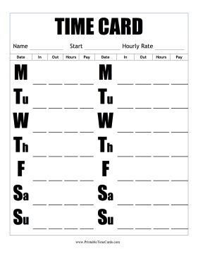 Large Print Bi-Weekly Time Card Vertical