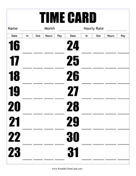 Large Print Semi-Monthly Time Card Second Half Vertical