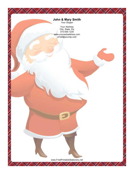 Large Smiling Santa Plaid Border stationery design