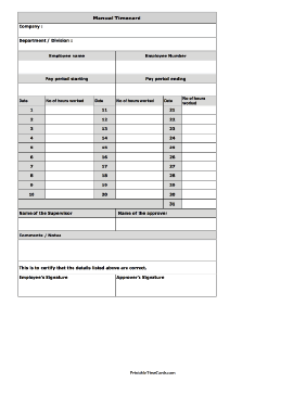 Manual Month Large Time Card