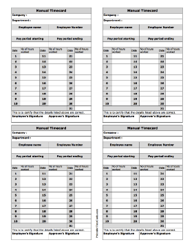 Manual Month Small Time Card