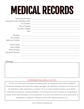 Medical Records Request fax cover sheet