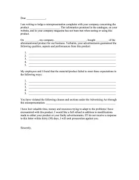 Misrepresentation Complaint Letter