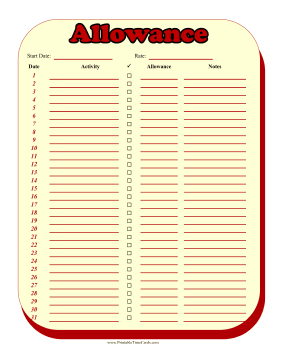 Monthly Allowance Time Card