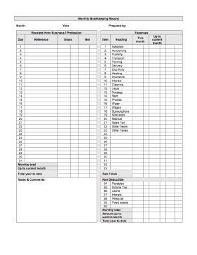 Monthly Bookkeeping Record