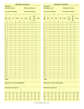 Monthly Punch Time Card