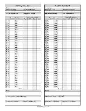 Monthly Time Card Hourly Breakdown