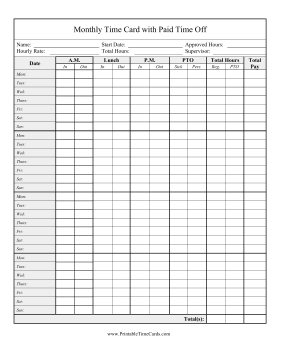 Monthly Time Card PTO