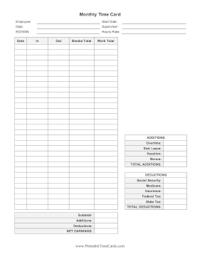 Monthly Time Card With Deductions