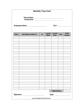 Monthly Time Card with Lunch