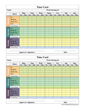 Morning Afternoon Evening Time Card Colored