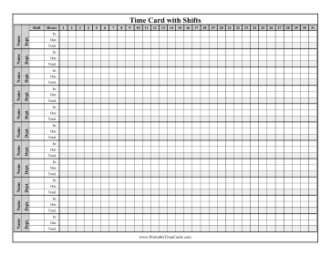 Multiple Shift Monthly Time Card