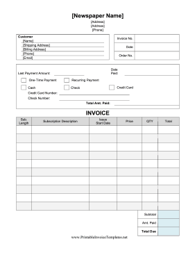 Newspaper Subscription Invoice Template