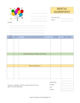 Party Supplies Rental Agreement Template