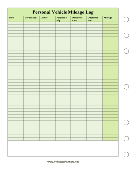 Personal Vehicle Mileage Log - Left