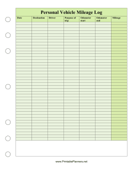 Personal Vehicle Mileage Log