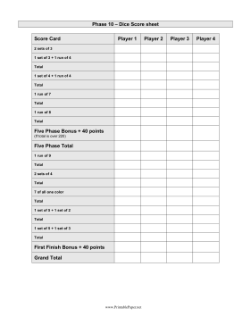 Printable Phase 10 Dice Scoresheet