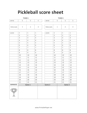 Printable Pickleball Score Sheet