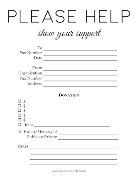 Please Help Donation Request fax cover sheet