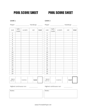 Printable Pool Score Sheet