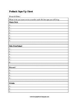 Potluck Sign Up Sheet