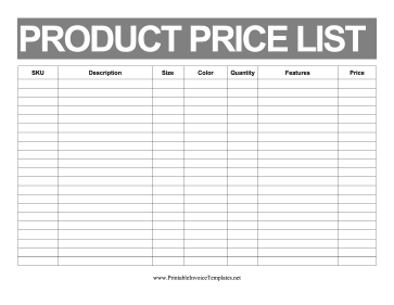 Price List Products Template