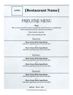 Prix Fixe Menu Options