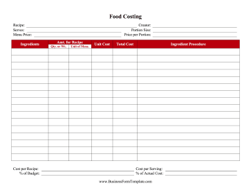 Recipe Food Costing Worksheet