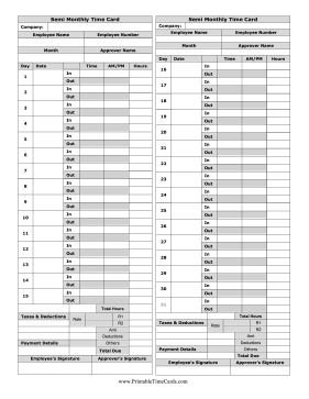 Semi-Monthly Time Card