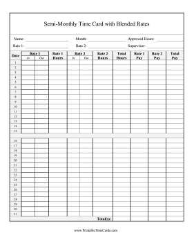 Semi-Monthly Time Card 2 Blended Rates