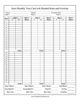 Semi-Monthly Time Card 3 Blended Rates Overtime