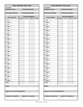 Semi-Monthly Time Card Hourly Breakdown