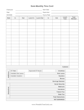 Semi-Monthly Time Card With Deductions